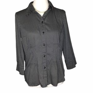 Vtg. Fitted Shirt Women's M Stretch Black/White Polka Dot Blouse Office Siren